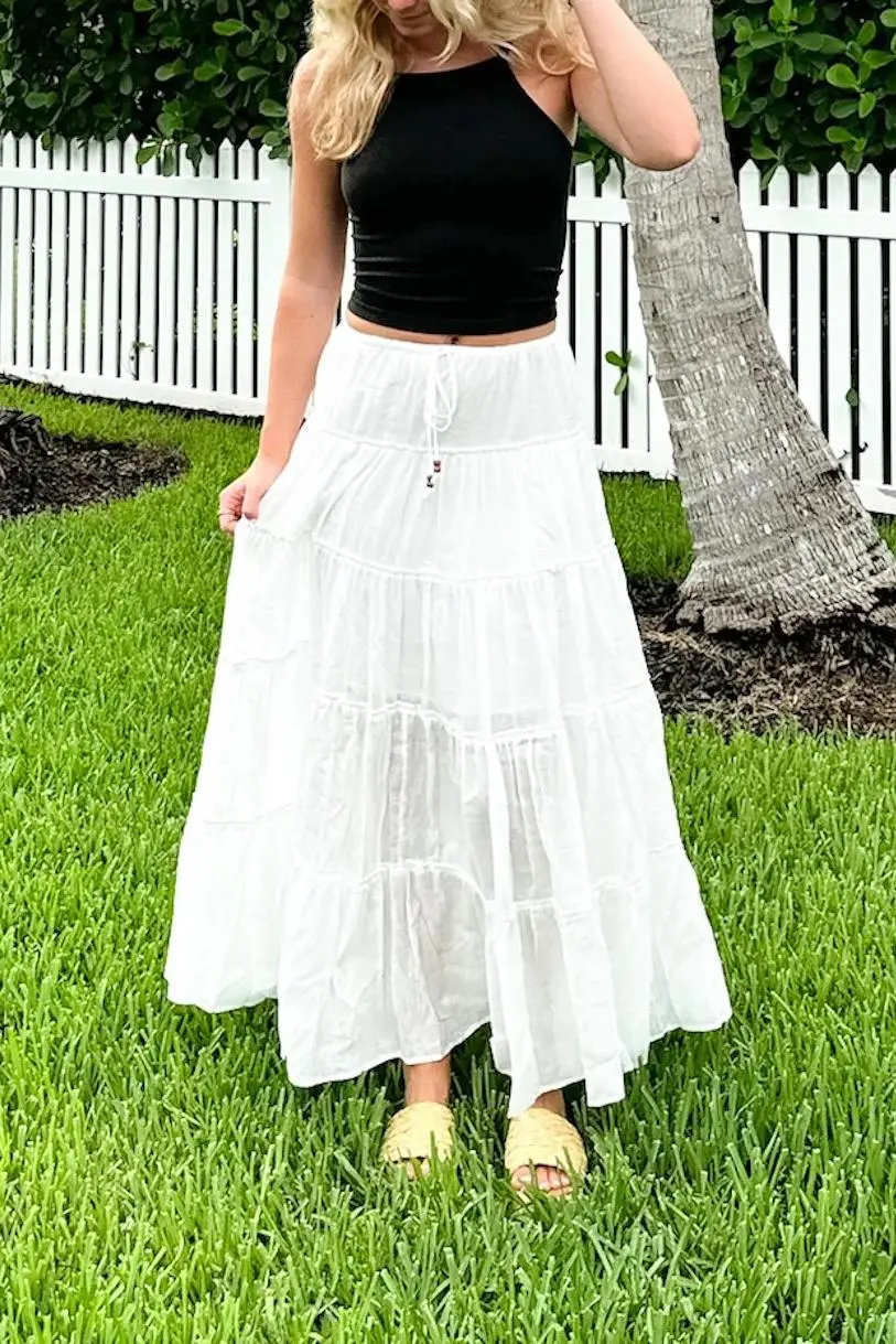 Drawstring Tiered Maxi Skirt