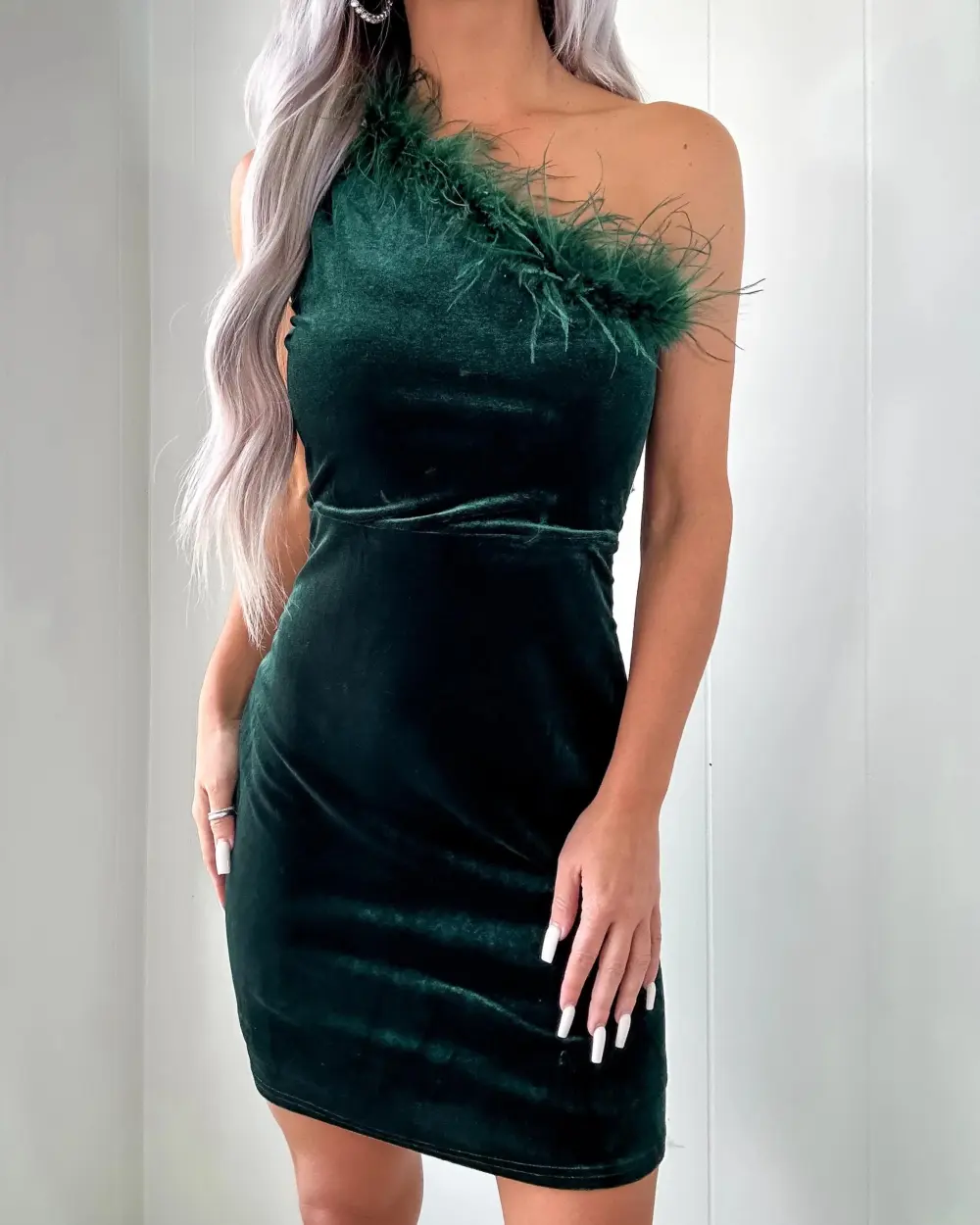 Oh So Lavish Feather Velvet Dress - Green