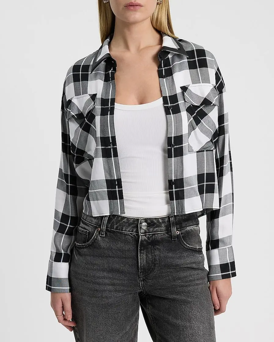 Plaid Faux Leather Trim Cropped Portofino Shirt