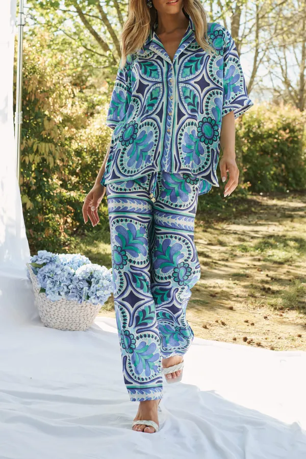 Blue Green Patterned Short Sleeve Shirt