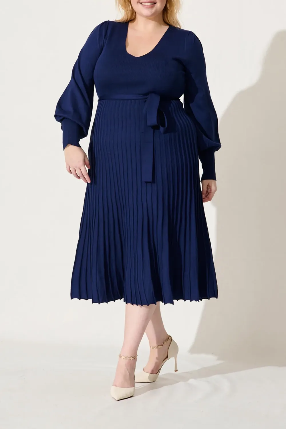 Navy Blue Belted Knit Midi Dress