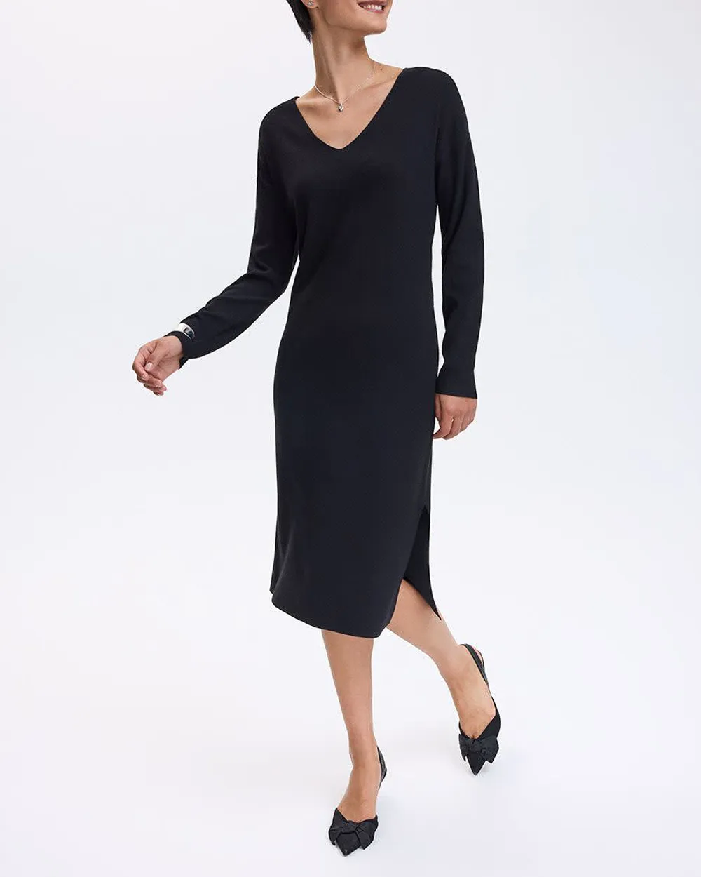 Long-Sleeve V-Neck Midi Sweater Dress