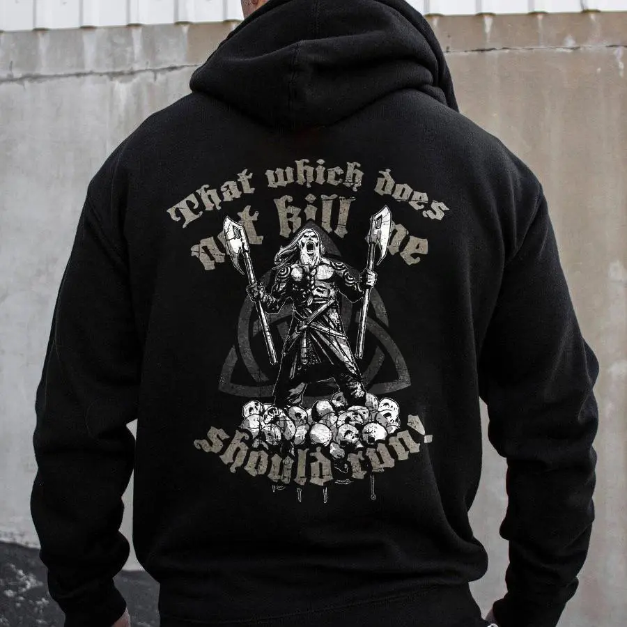 That Which Does Not  Kill One Should Run! Printed Skull Hoodie