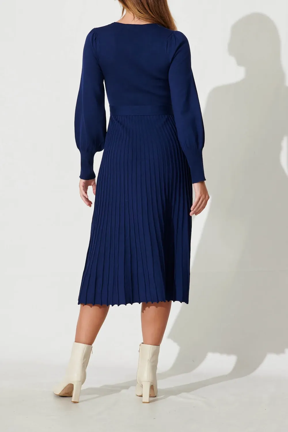 Navy Blue Belted Knit Midi Dress