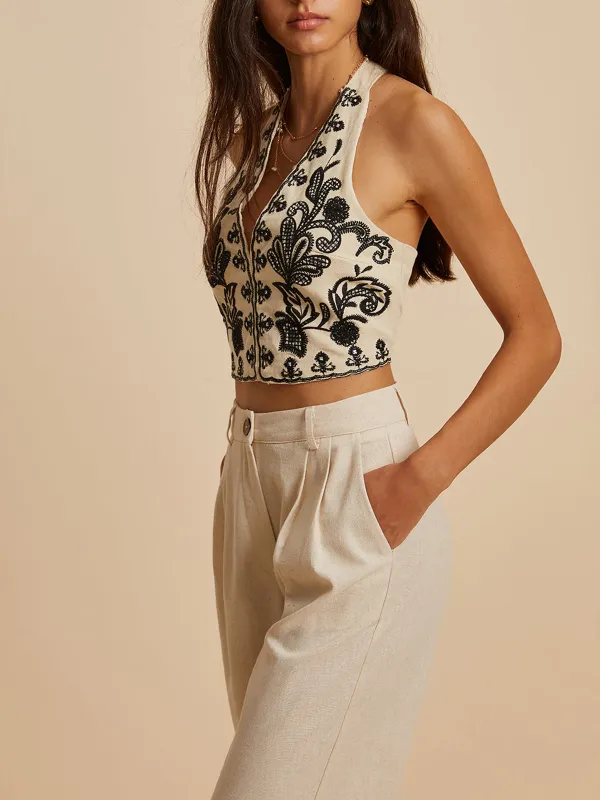 Embroidered Halter Neck Cropped Top