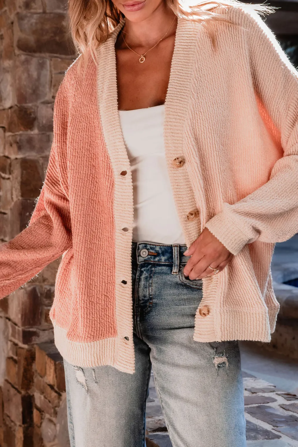 Multi Pink Color Block Button Down Cardigan