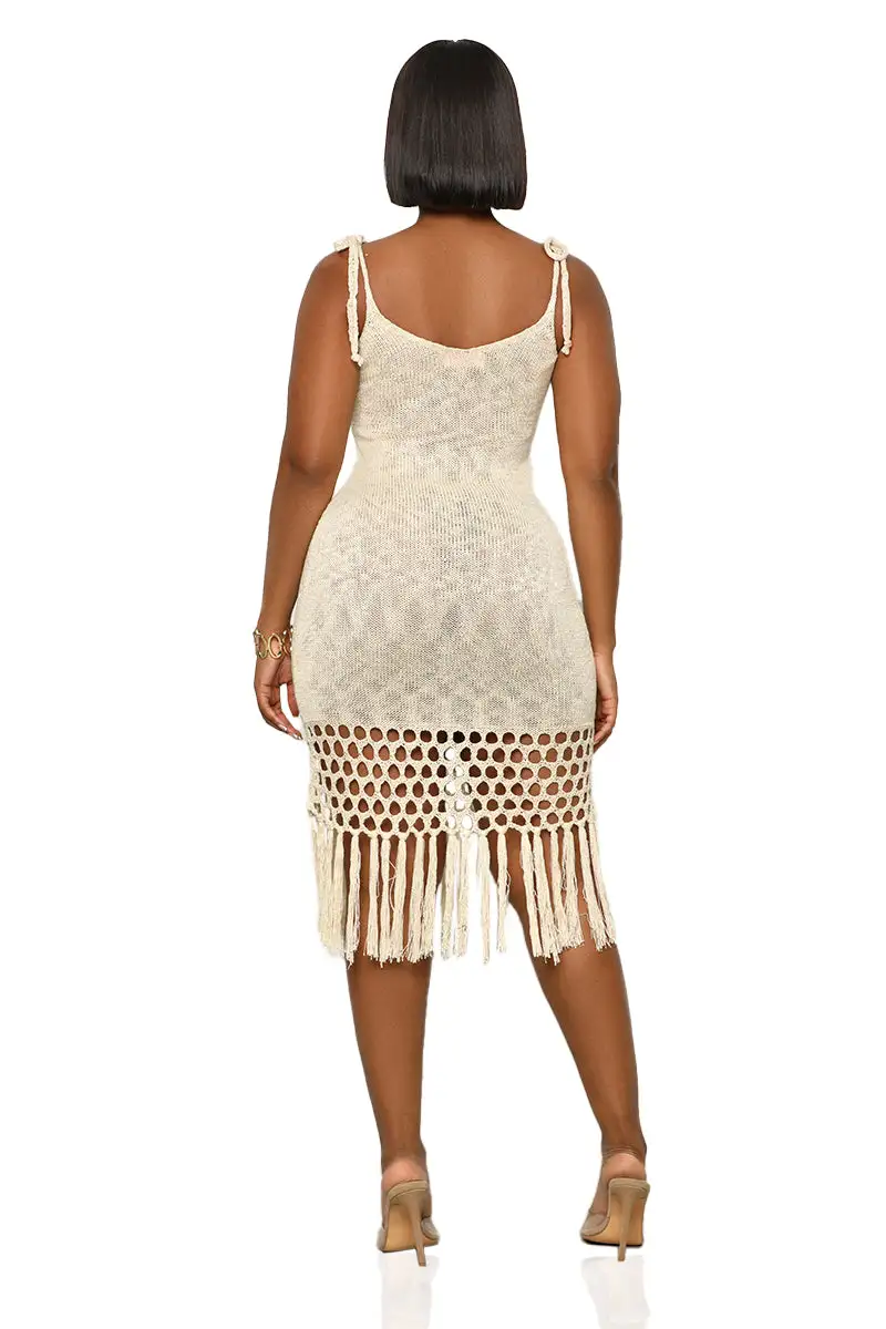 Into The Fringe Crochet Midi Dress (Tan)