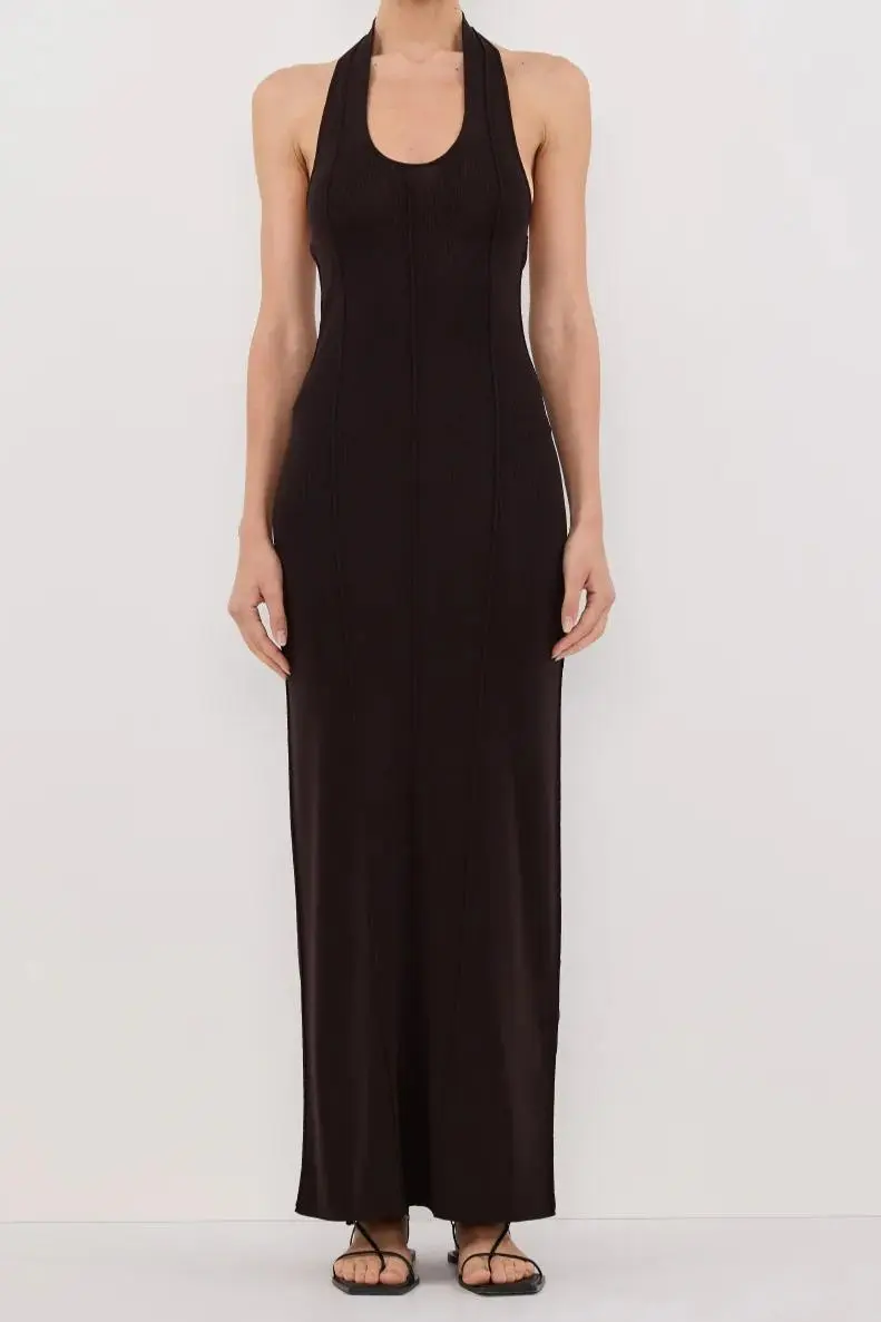 LISS BITTER CHOC HALTER KNIT MAXI DRESS