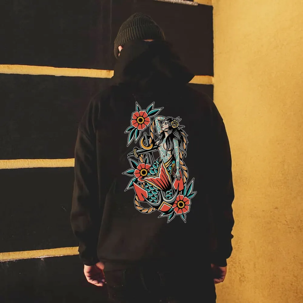 Floral Mermaid Anchor Print Men's Hoodie
