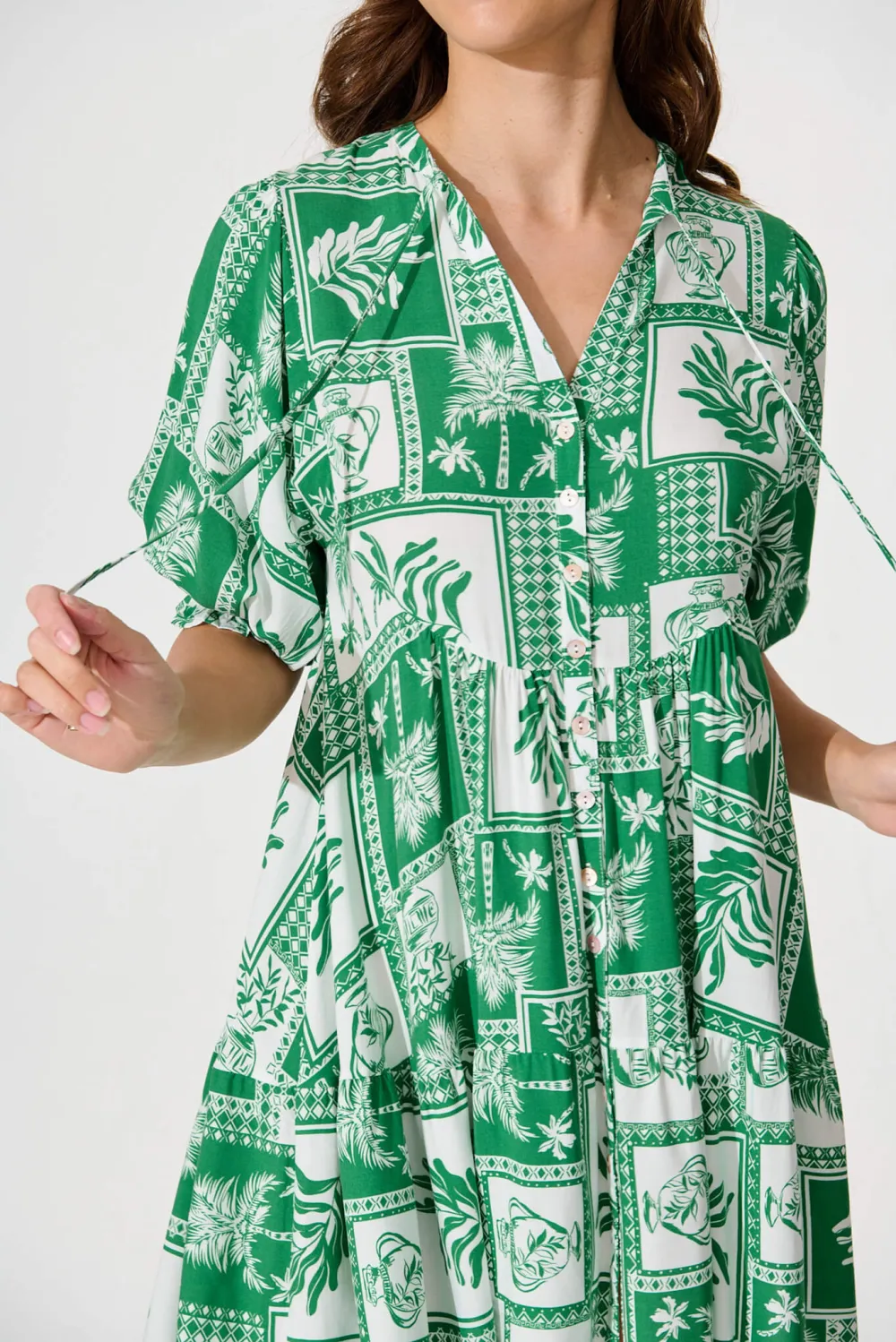Green Patterned Short Sleeve Shirt Dress