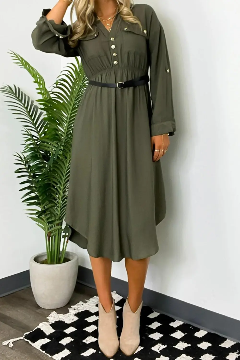 Adeline Button Down Belted Midi Dress