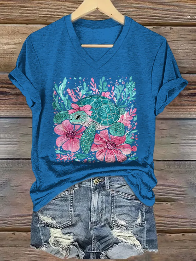 Women's Summer Sea Turtles Short Sleeves V-Neck Pure Cotton T-Shirt