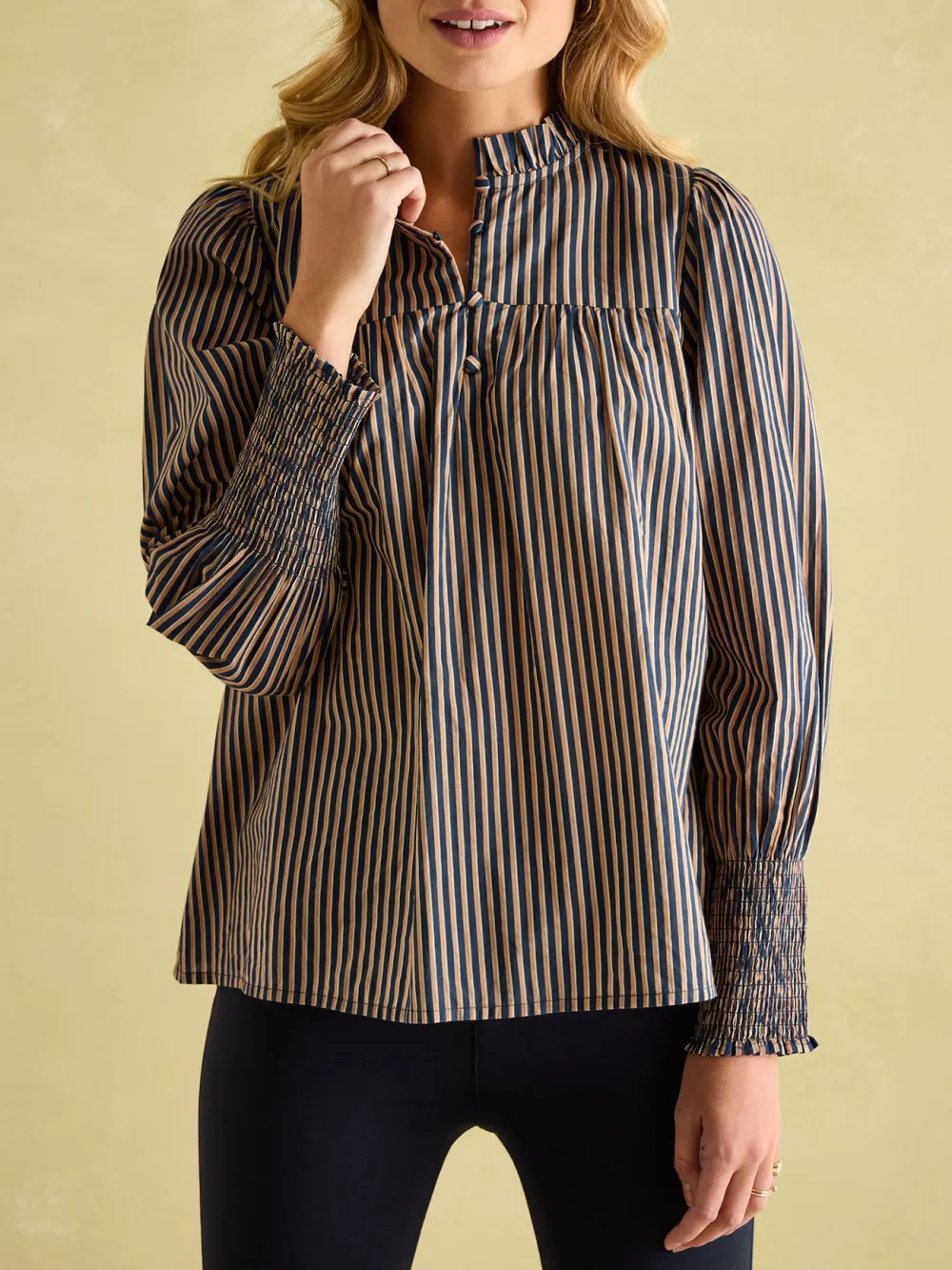 Navy Stripe Cotton Frill Neck Blouse