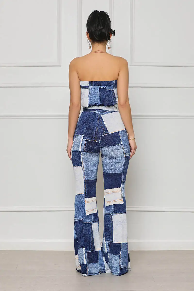 Patchwork Denim Print Sleeveless Jumpsuit (Blue Multi)-FINAL SALE
