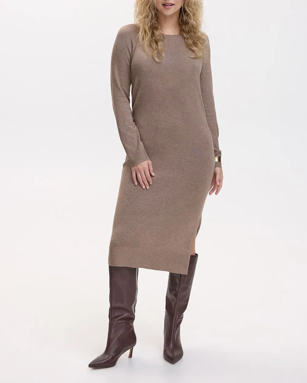 Long-Sleeve Crew-Neck Midi Sweater Dress