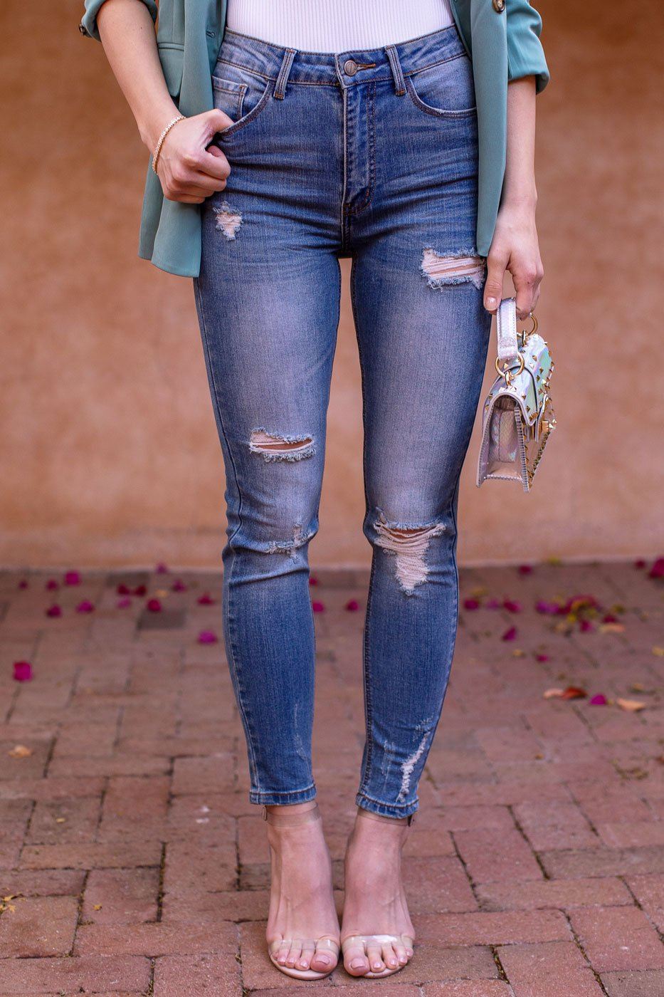 Solid Color Distressed Skinny Jeans