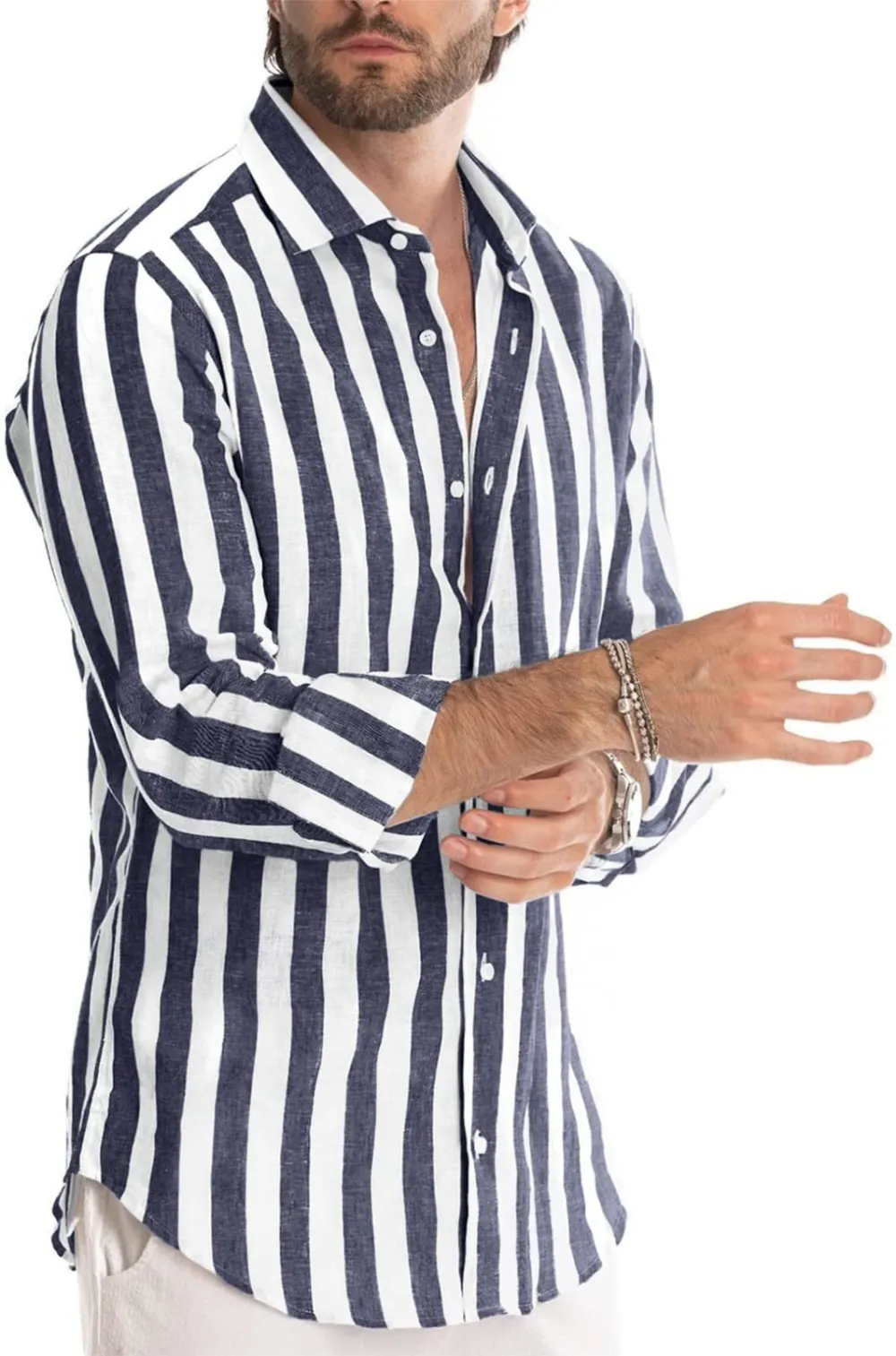 Men's Long-sleeved lapel striped shirt loose shirt