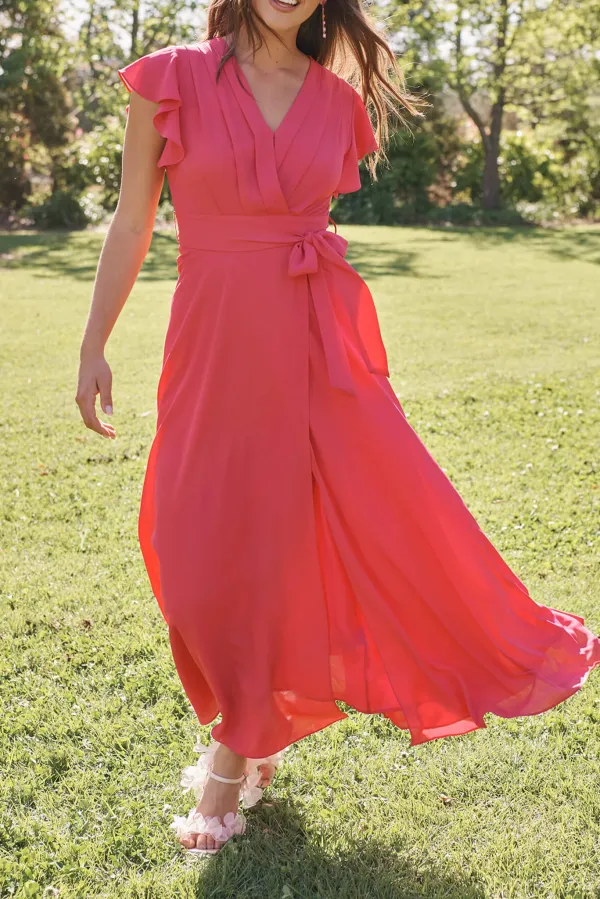 Fuchsia Ruffled Sleeve Wrap Style Maxi Dress