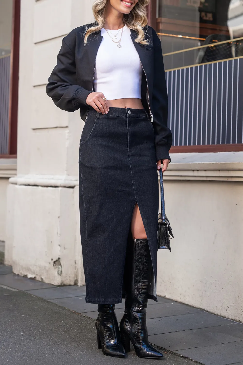 Dark Denim Split Hem Maxi Skirt