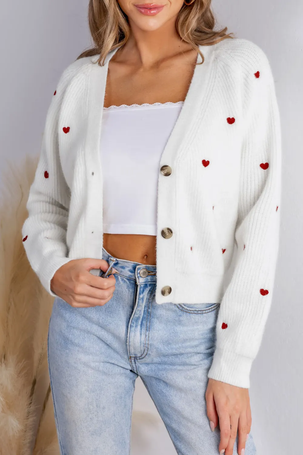 Heart Print Long Sleeve V-Neck Cardigan