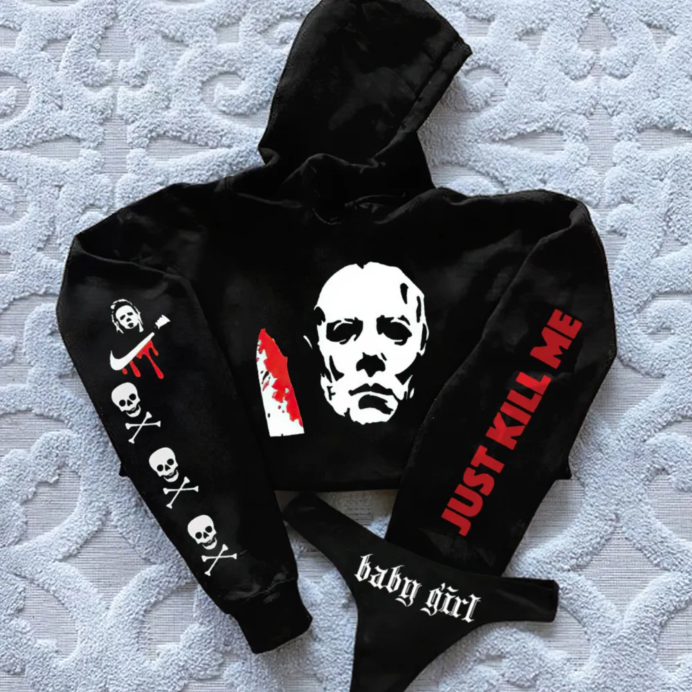 Just Kill Me Printed Women's Cropped Hoodie & Thong Sets
