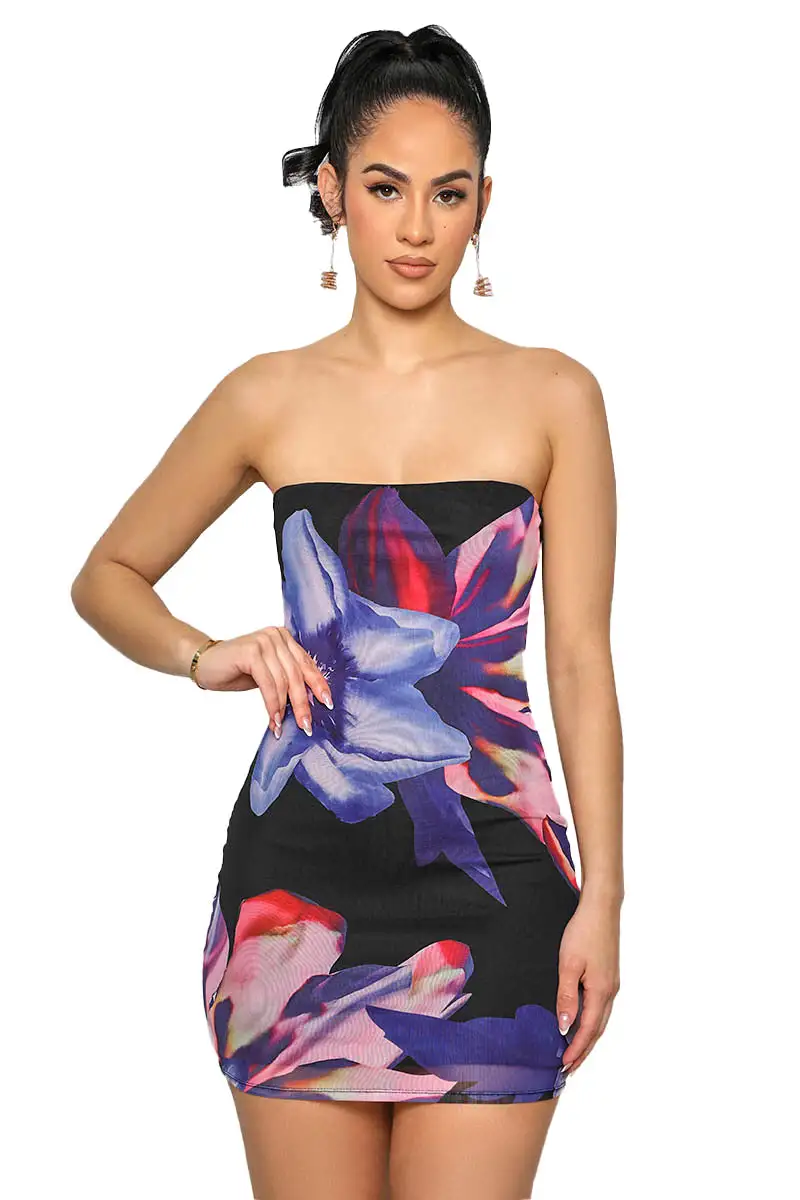 Deep Blue Tube Mesh Mini Dress (Purple Multi)-FINAL SALE