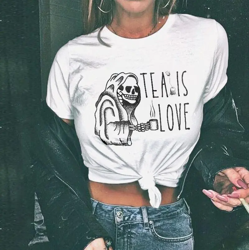 Tea Is Love Printed Skeleton T-shirt
