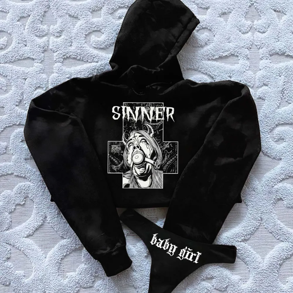 Sinner Girl Printed Women's Cropped Hoodie & Thong Sets