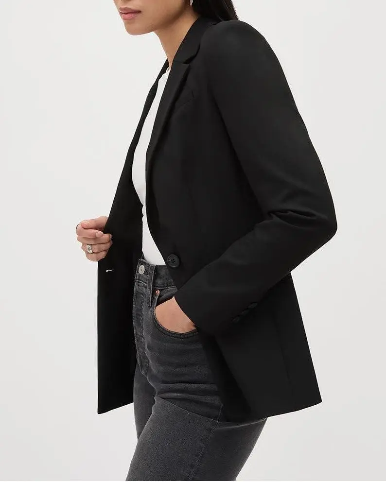 Black One-Button Wool-Blend Blazer