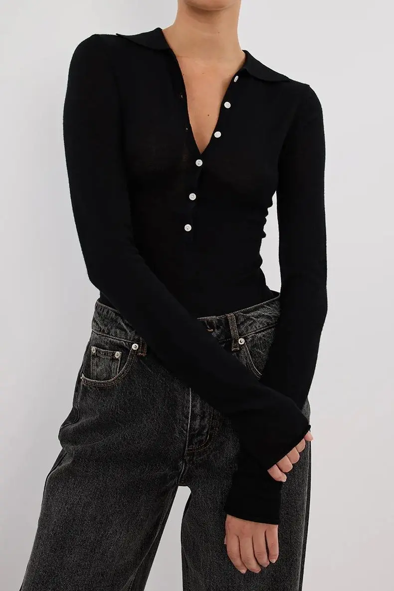 JANE BLACK MERINO POLO KNIT TOP