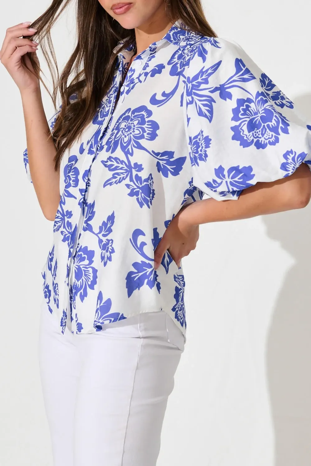 White Shirt With Blue Floral & Puff Sleeves