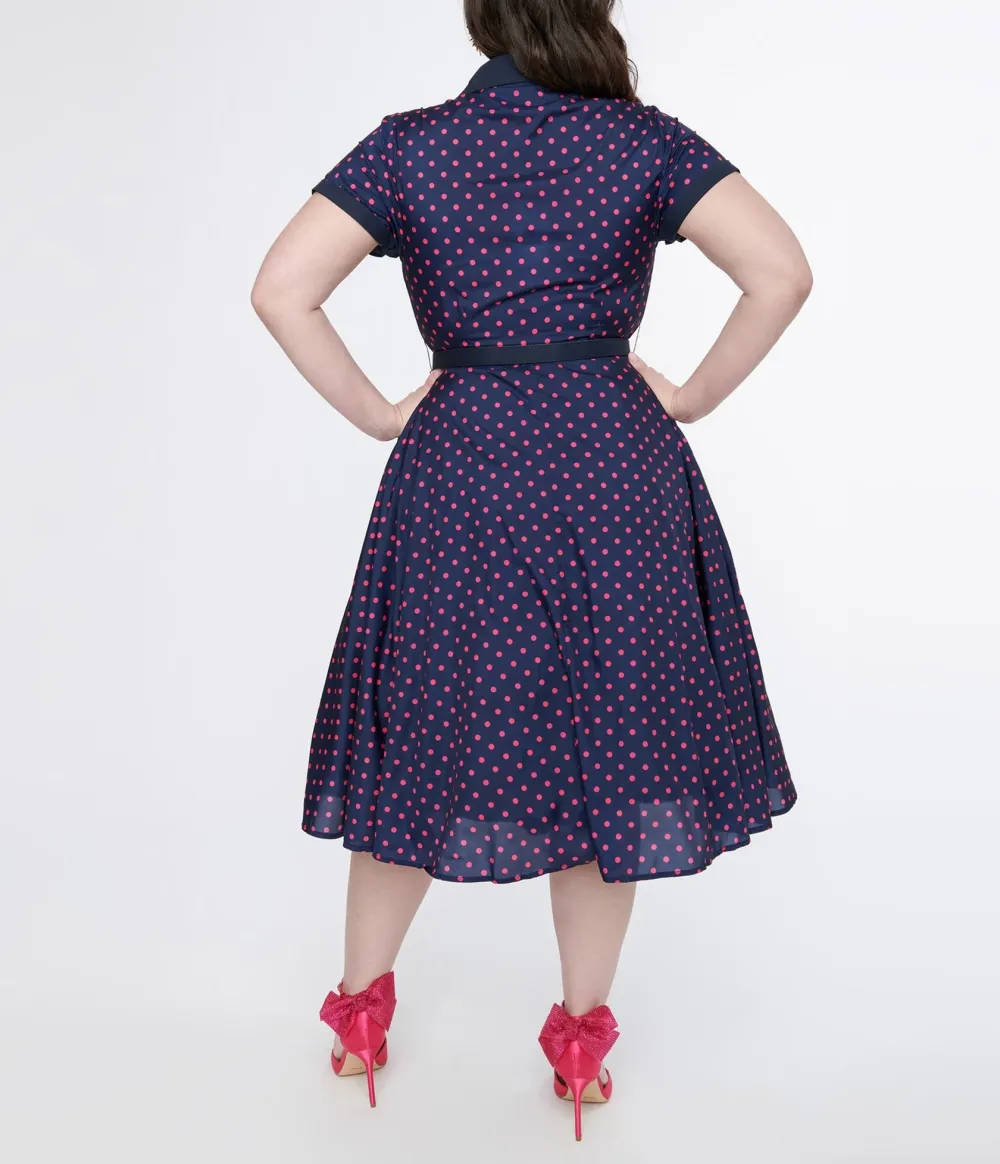 Unique Vintage Plus Size Navy & Hot Pink Dot Alexis Swing Dress