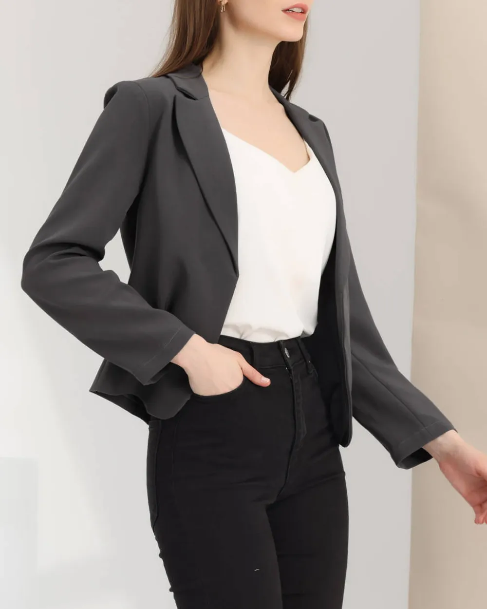 Allegra K- Open Front Crop Suit Blazer Jacket