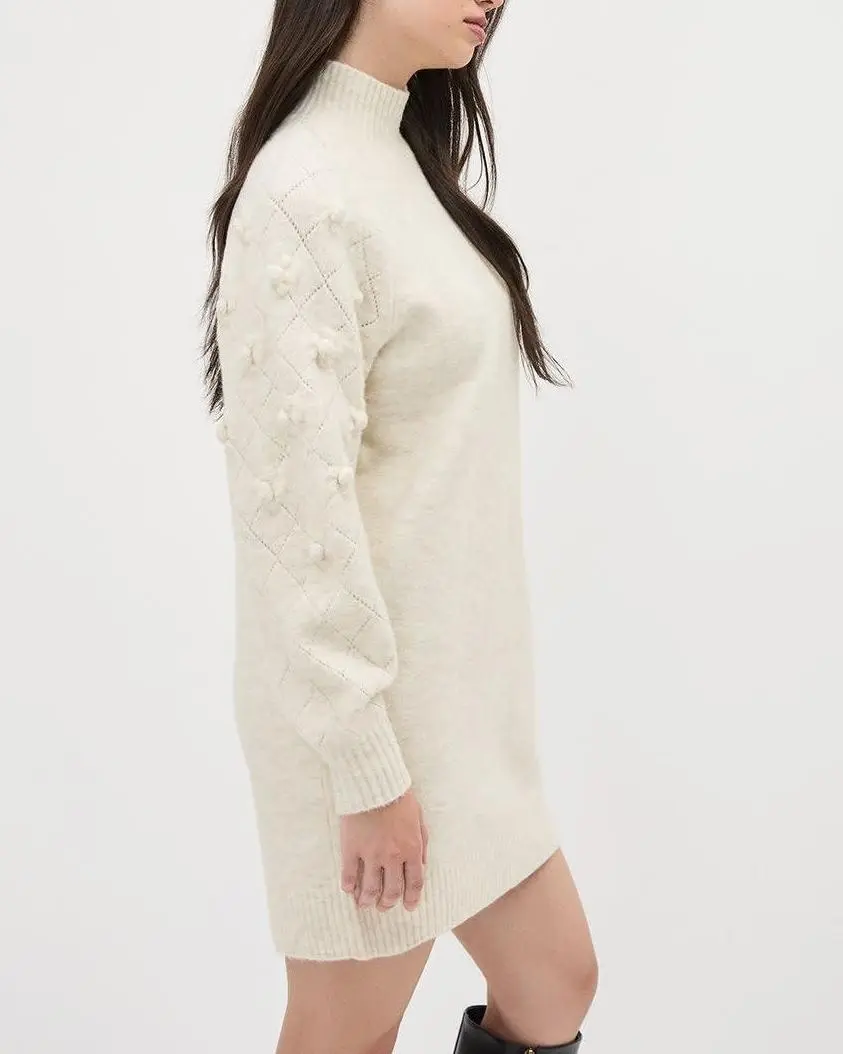 Long-Sleeve Crew-Neck Spongy Dress With 3D Flowers