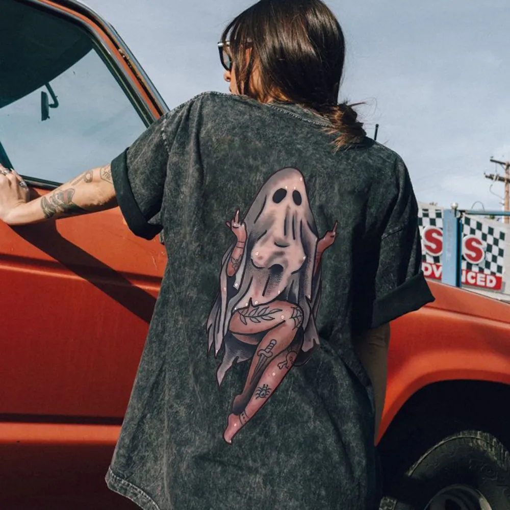 Naughty Ghost Printed Oversize Washed T-Shirt