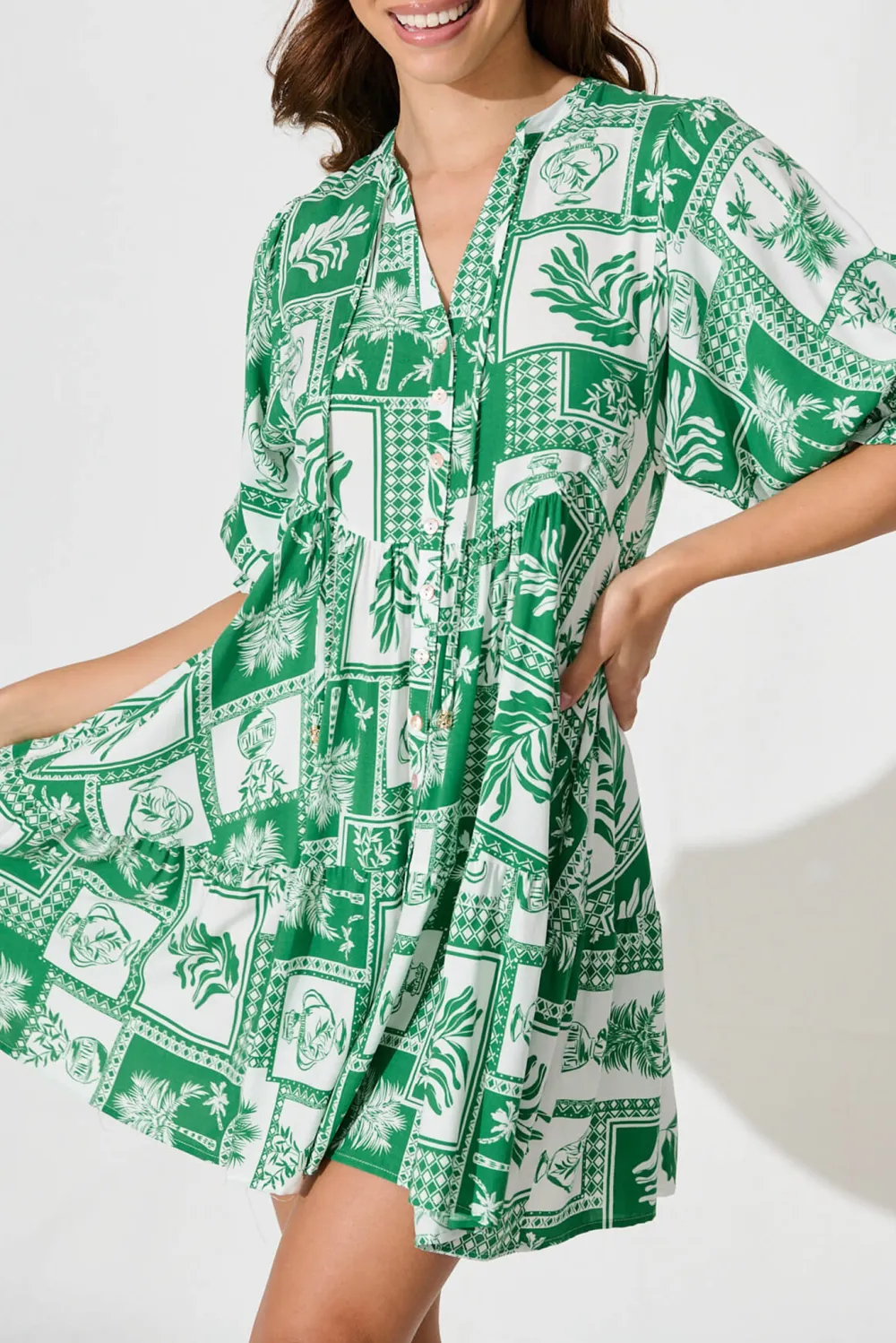 Green Patterned Short Sleeve Shirt Dress