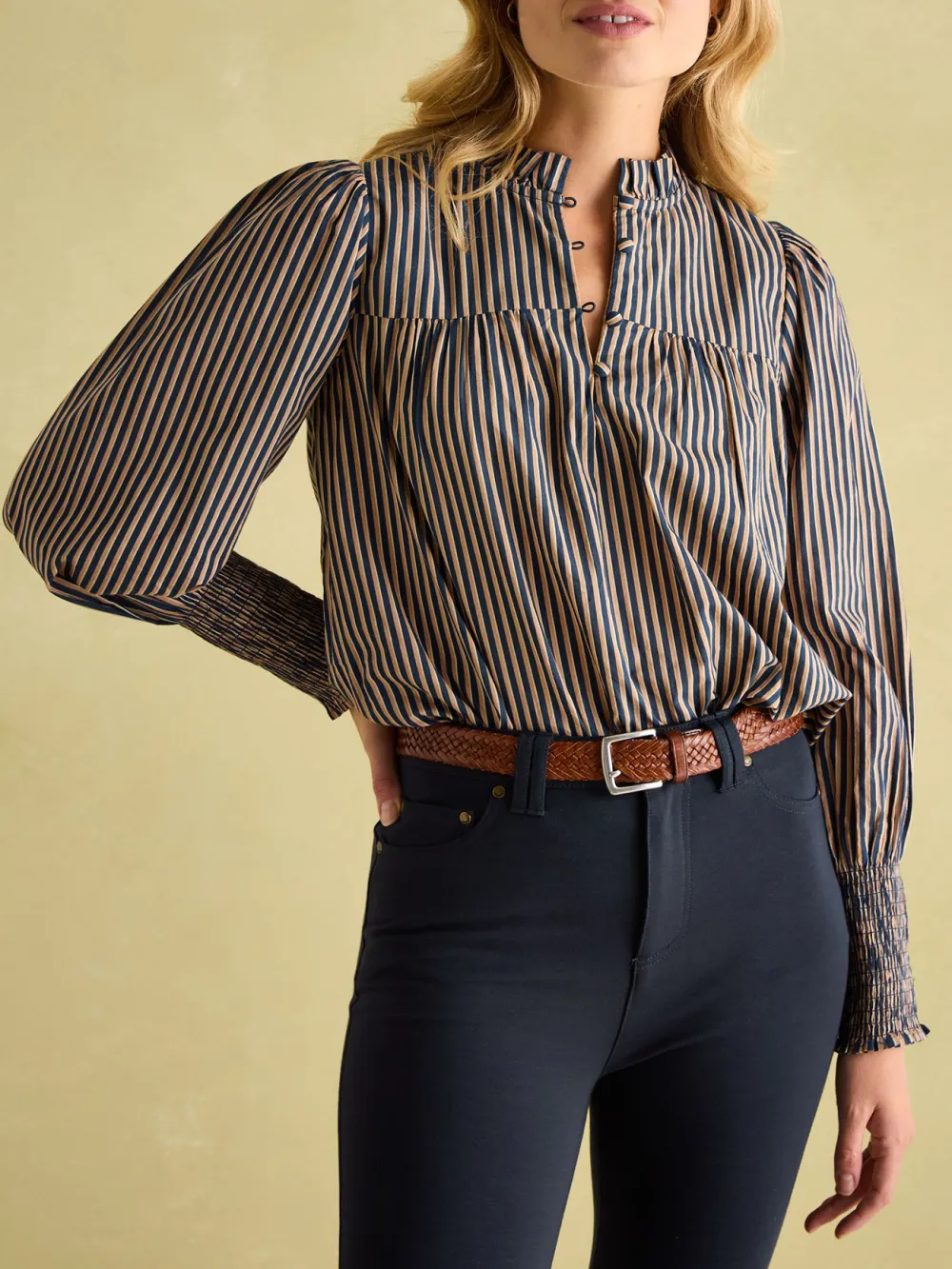 Navy Stripe Cotton Frill Neck Blouse