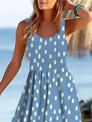 Women Polka Dots Crew Neck Sleeveless Comfy Casual Midi Dress