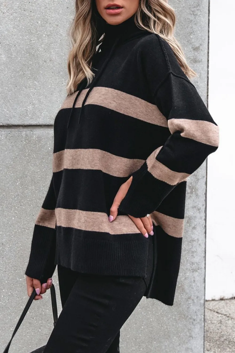 Black and Taupe Striped Hooded Sweater