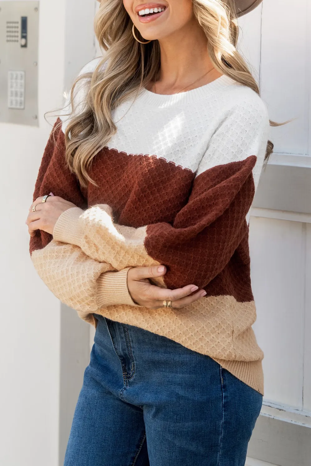 Colorblock Round Neck Long Puff Sleeve Sweater