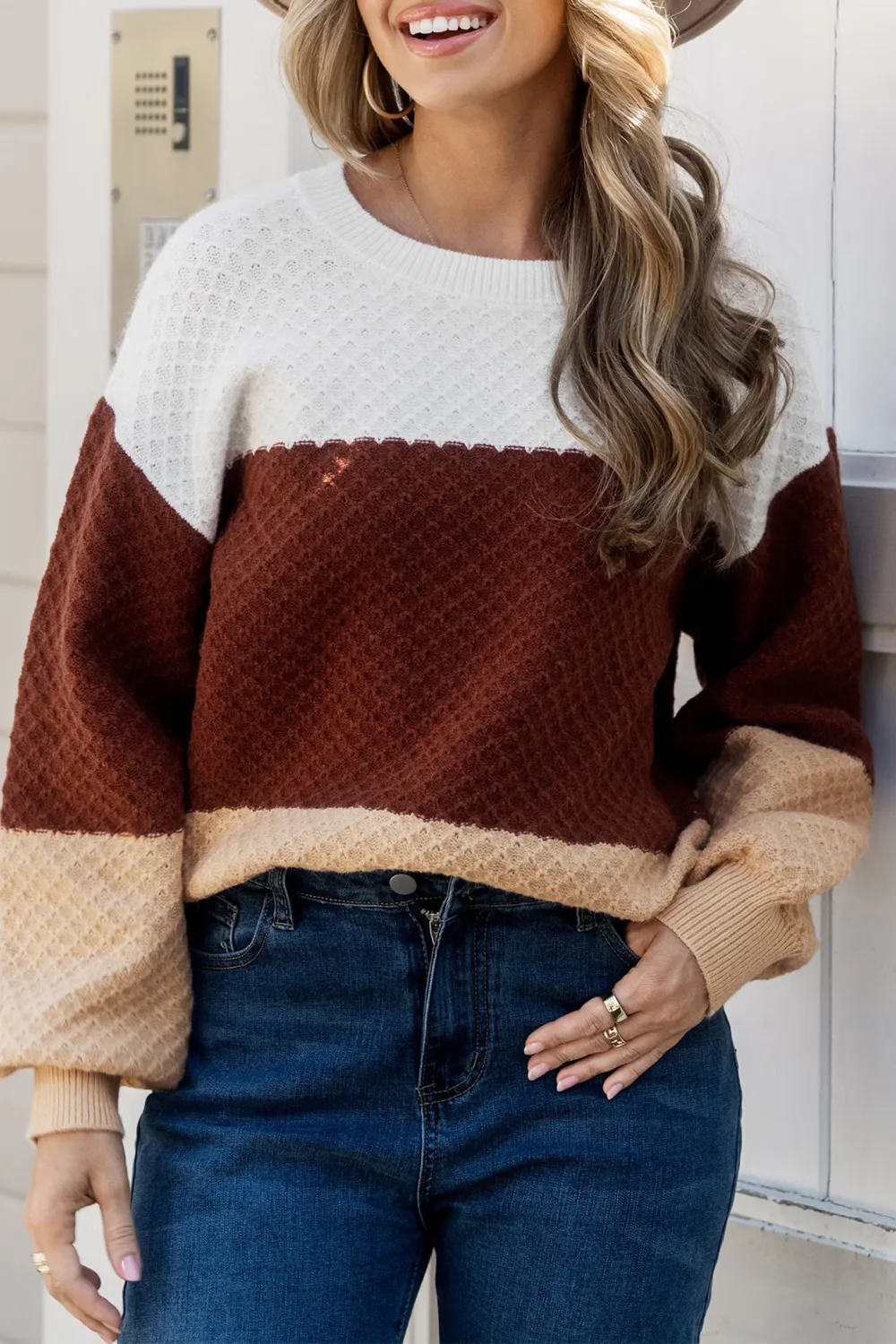 Colorblock Round Neck Long Puff Sleeve Sweater