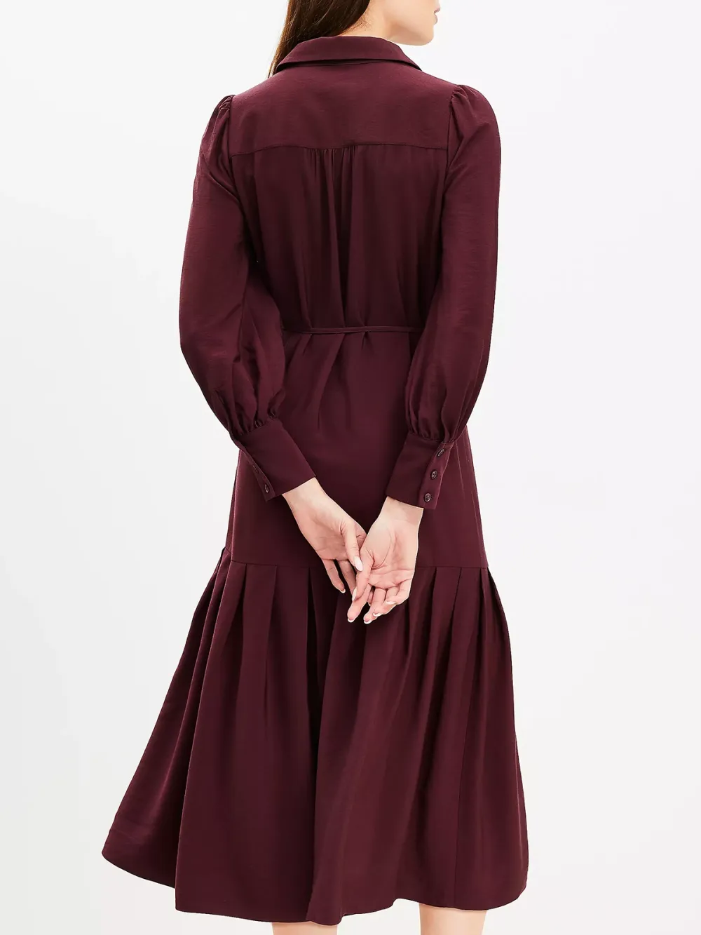 Pleated Tie Waist Midi Shirtdress