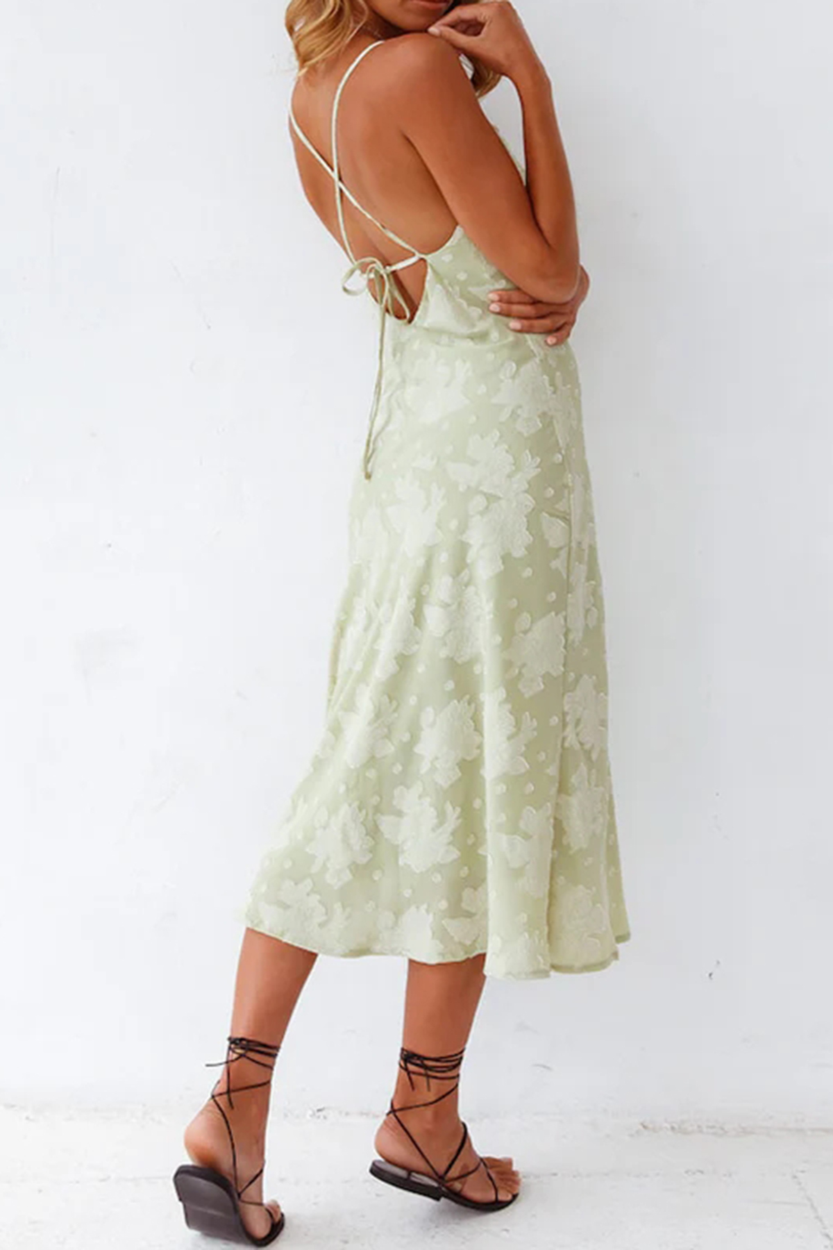 Floral Cowl Neck High Slit Slip Midi Dress - Sage Green