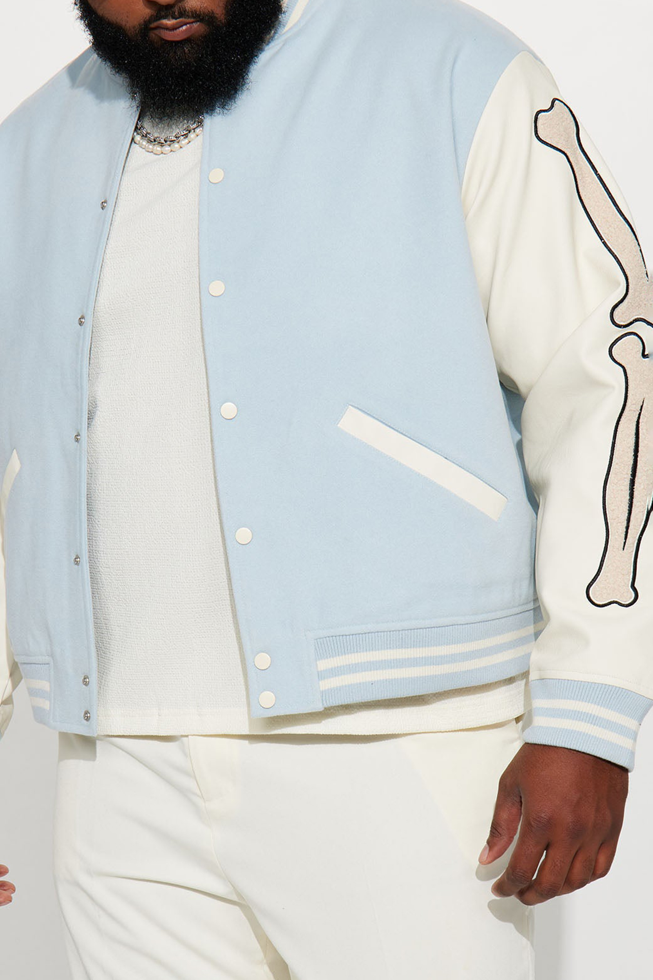 Bone Applique Varsity Bomber Jacket - Light Blue