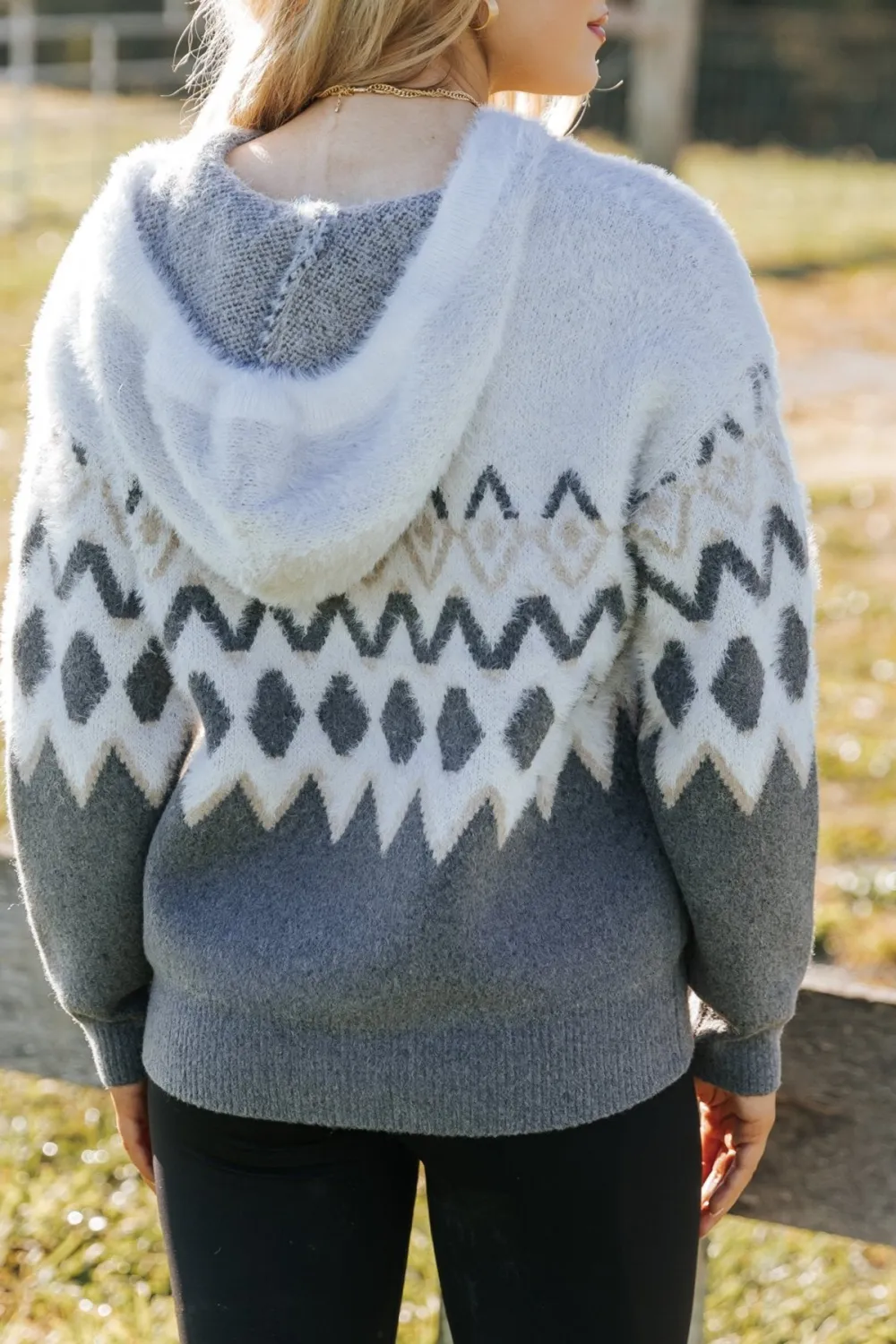 Fuzzy Grey Nordic Print Hooded Sweater