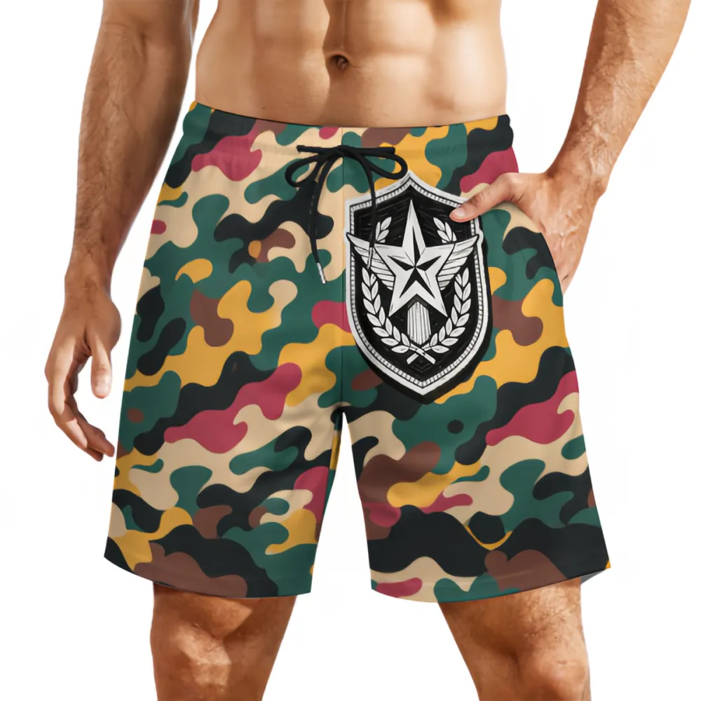 Colorful Camouflage Badge Print Sports Board Shorts