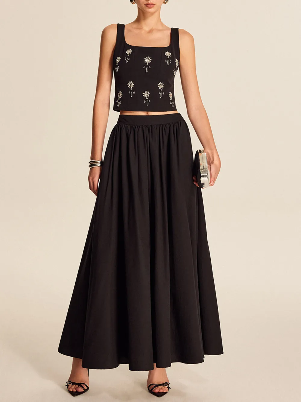 Rhinestonel Detail Square Neck Cropped Top With Back Zipper