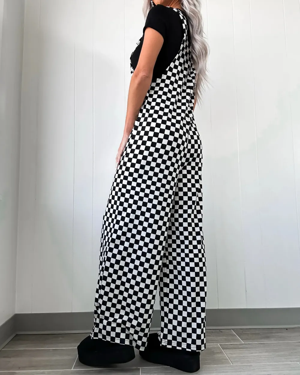 City Rebel Checkered Wide Leg Jumpsuit - Black