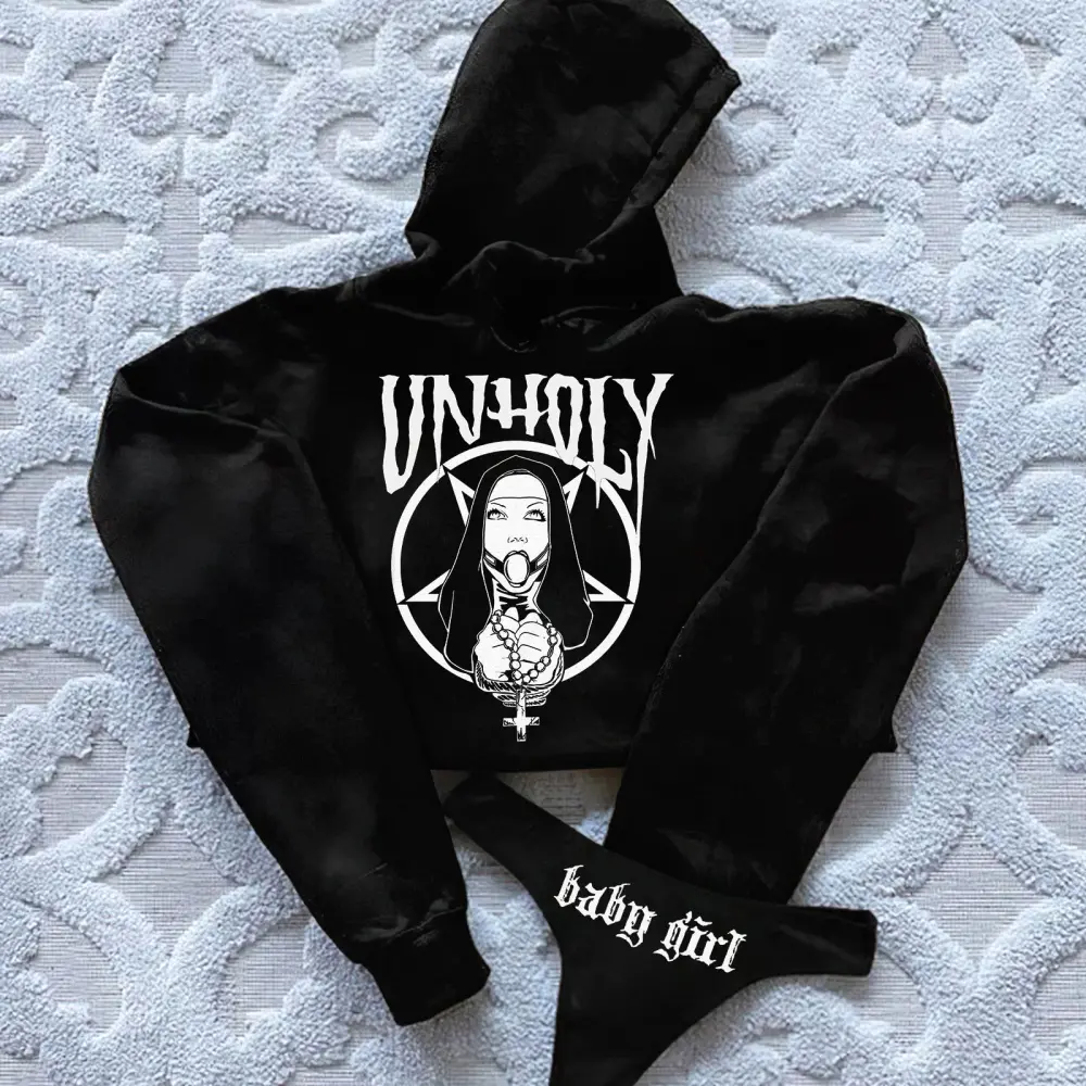 Unholy Nun Printed Women's Cropped Hoodie & Thong Sets