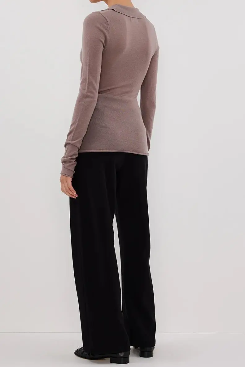 JANE TAUPE MERINO POLO KNIT TOP